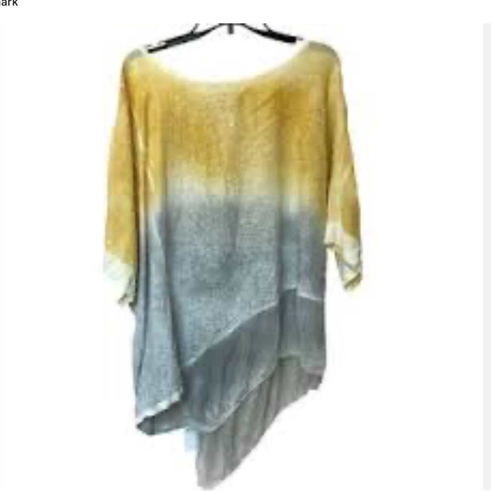 Belle France Linen Oversized Blouse Short Sleeve Pull Over Shirt Grey/Yellow L